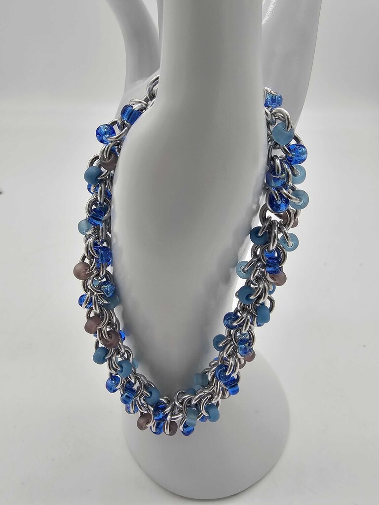 Beach Blues Mix Beaded Shaggy Bracelet 8" long, aluminum