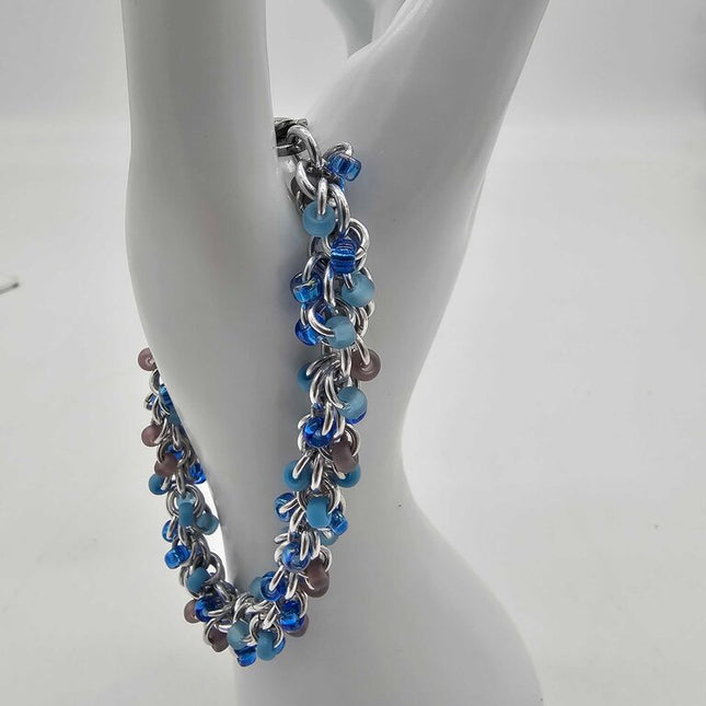 Beach Blues Mix Beaded Shaggy Bracelet 8" long, aluminum