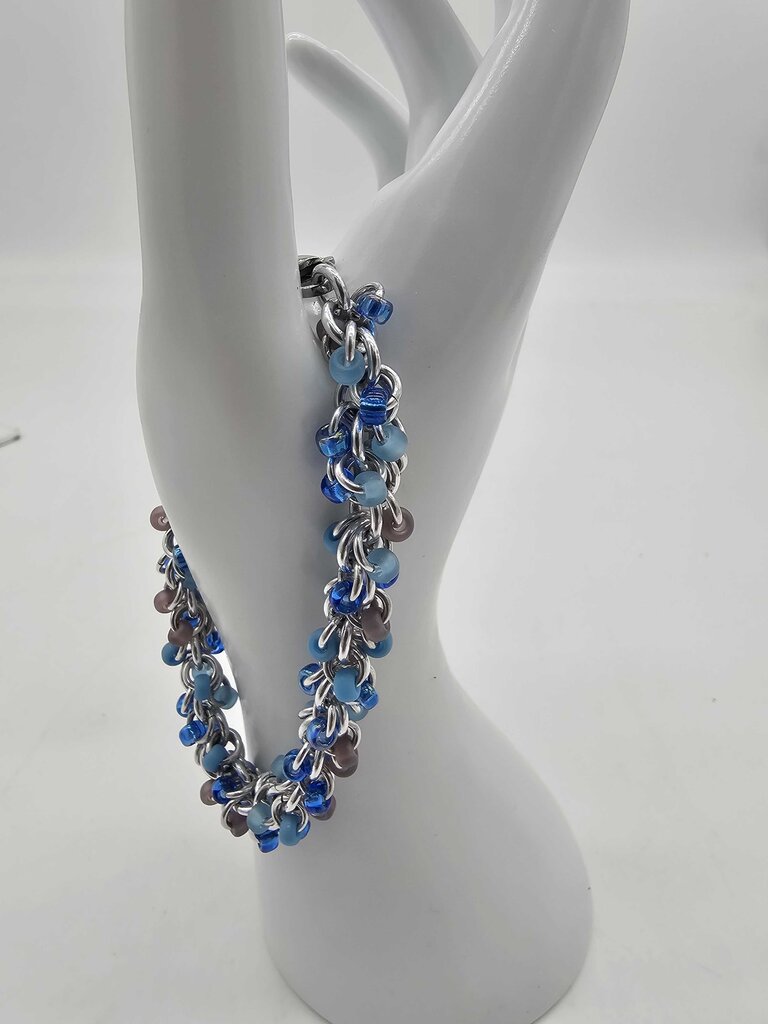 Beach Blues Mix Beaded Shaggy Bracelet 8" long, aluminum