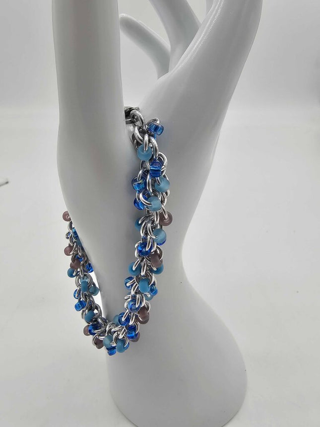 Beach Blues Mix Beaded Shaggy Bracelet 8" long, aluminum