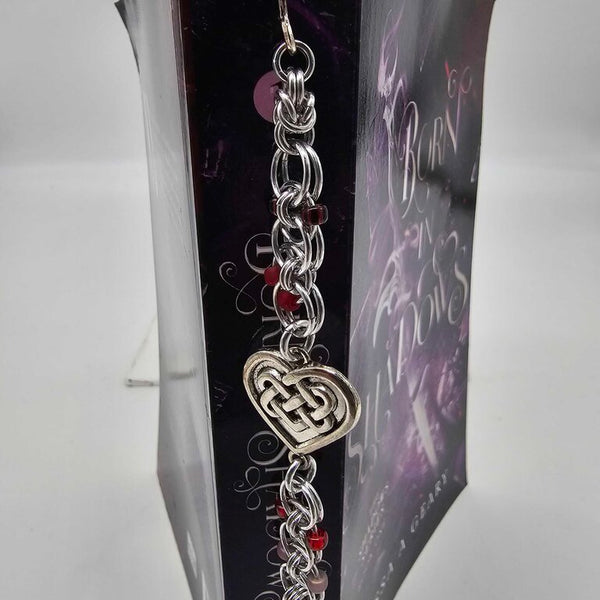 Silver Red Beaded Helm Bookmark Celtic Heart Charm on Metal Bookmark