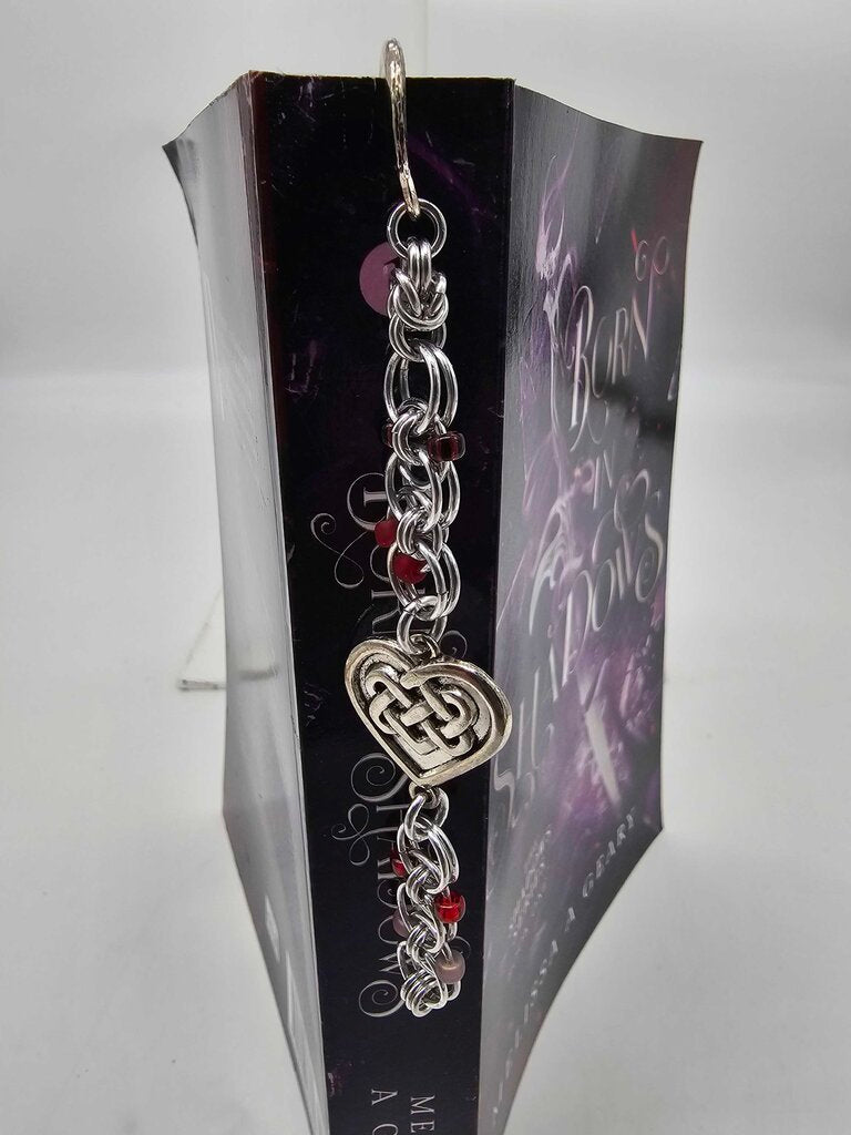 Silver Red Beaded Helm Bookmark Celtic Heart Charm on Metal Bookmark