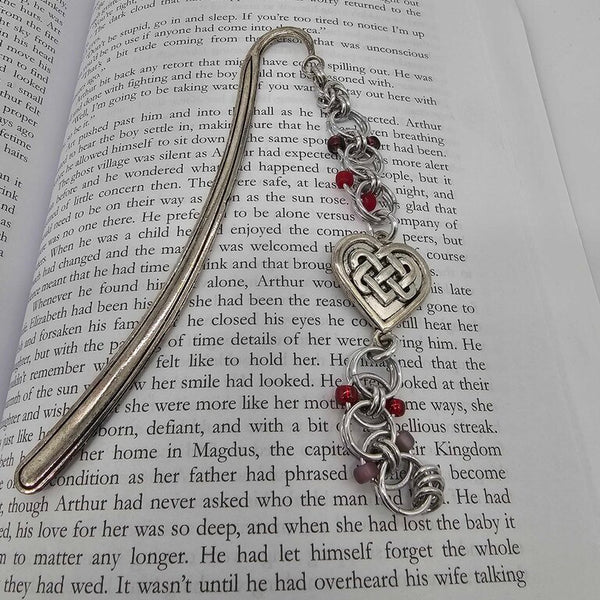 Silver Red Beaded Helm Bookmark Celtic Heart Charm on Metal Bookmark