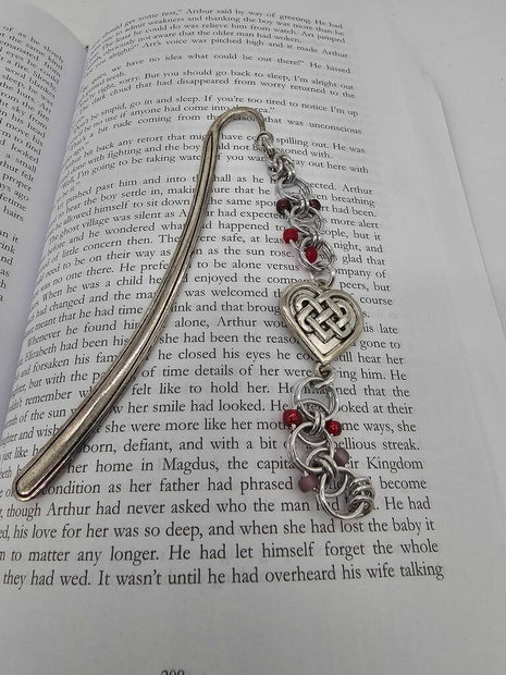 Silver Red Beaded Helm Bookmark Celtic Heart Charm on Metal Bookmark