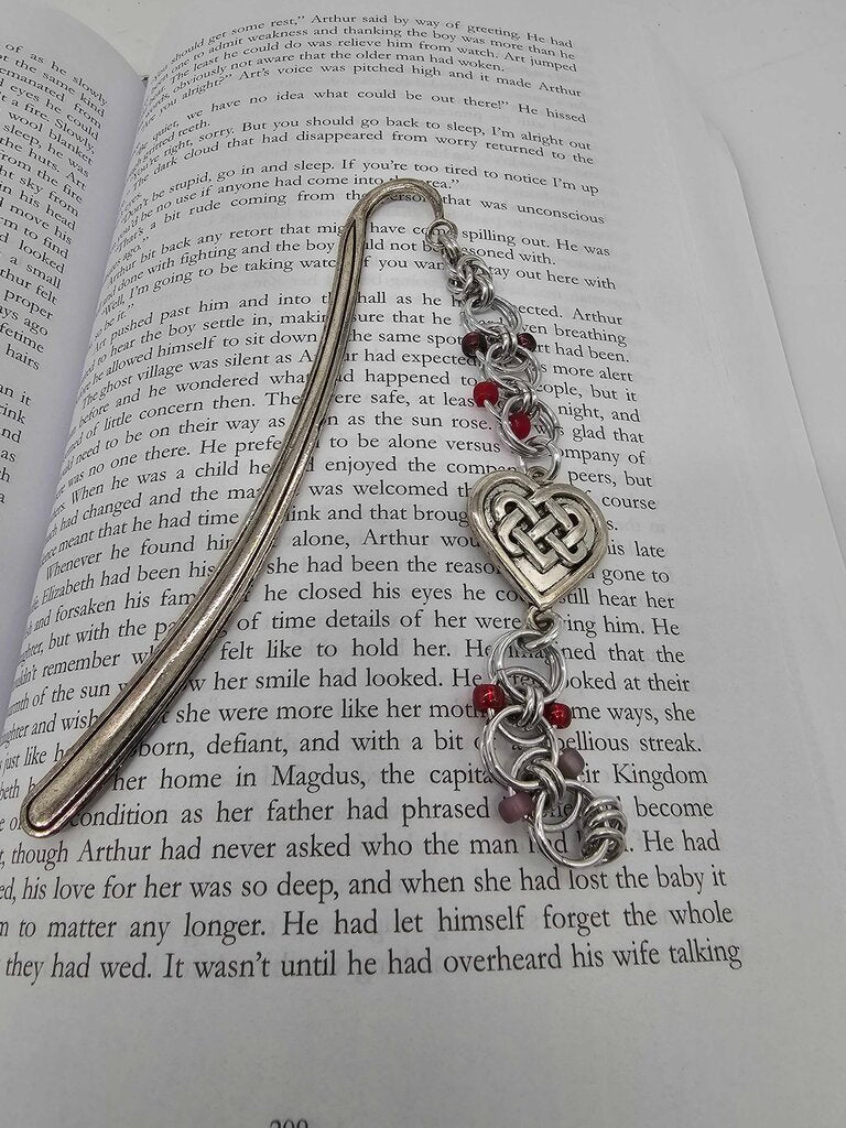 Silver Red Beaded Helm Bookmark Celtic Heart Charm on Metal Bookmark