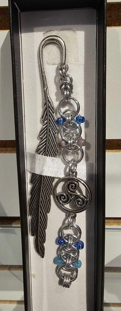 Silver Blue Beaded Helm Bookmark Swirl Charm on Metal Feather Bookmark
