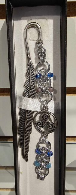 Silver Blue Beaded Helm Bookmark Swirl Charm on Metal Feather Bookmark