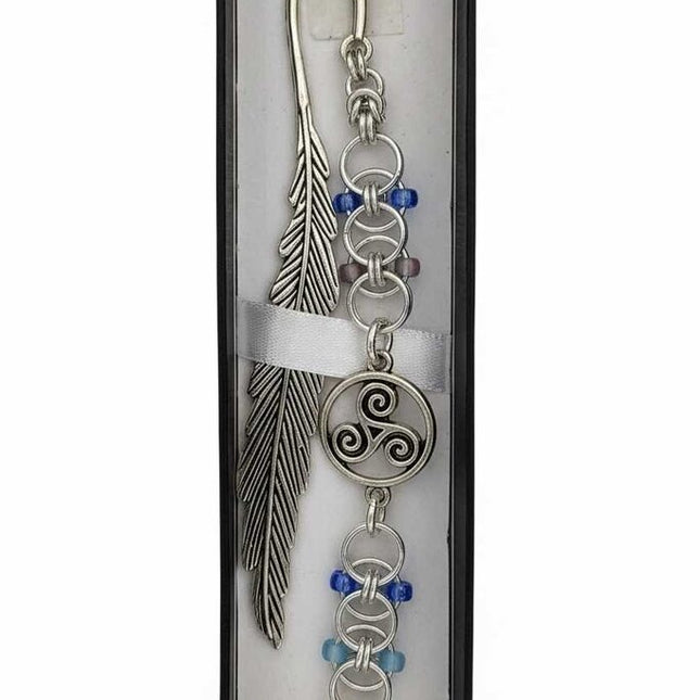 Silver Blue Beaded Helm Bookmark Swirl Charm on Metal Feather Bookmark