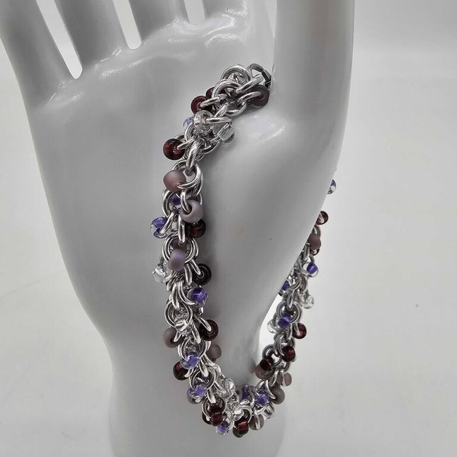 Lilac Purples Mix Beaded Shaggy Bracelet 8" long, aluminum