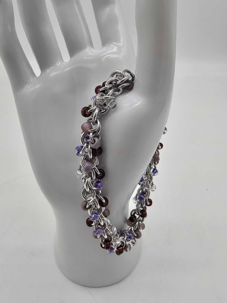 Lilac Purples Mix Beaded Shaggy Bracelet 8" long, aluminum