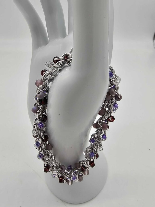 Lilac Purples Mix Beaded Shaggy Bracelet 8" long, aluminum
