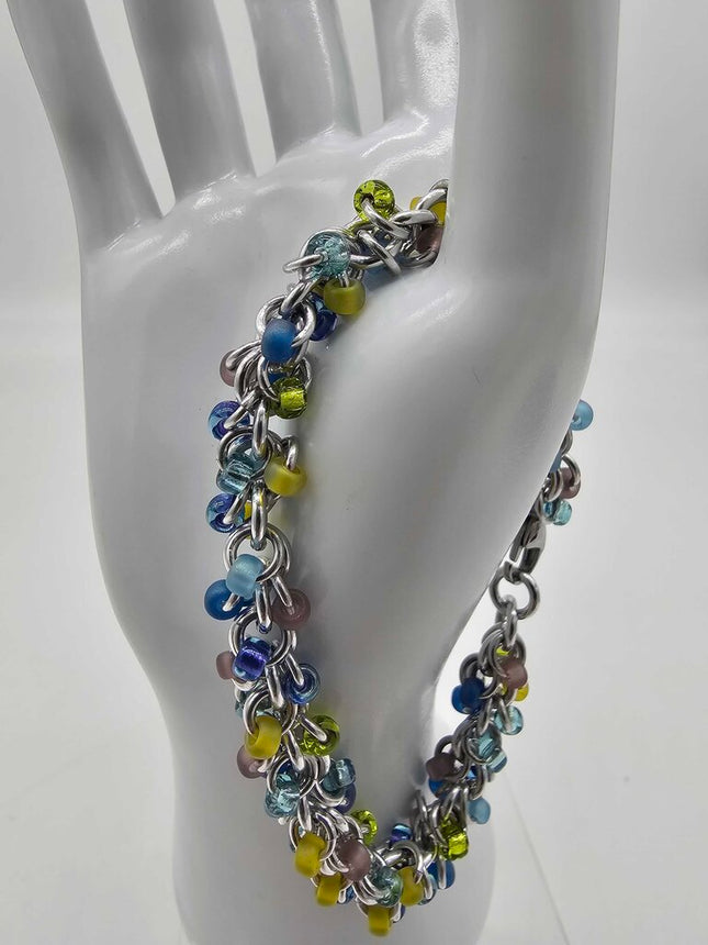 Lavender Garden Mix Beaded Shaggy Bracelet 8" long, aluminum