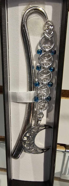 Silver Blue Beaded Helm Bookmark Crescent Moon Charm on Metal Bookmark
