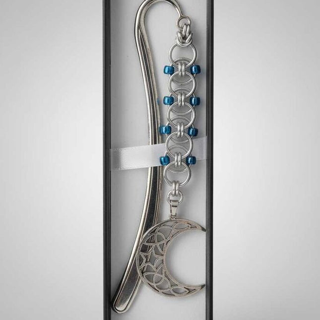 Silver Blue Beaded Helm Bookmark Crescent Moon Charm on Metal Bookmark