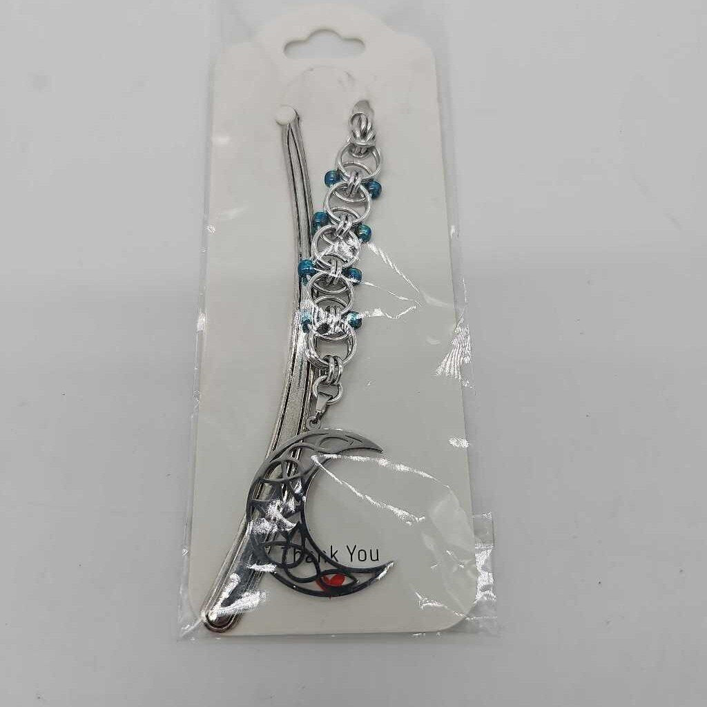 Silver Blue Beaded Helm Bookmark Crescent Moon Charm on Metal Bookmark