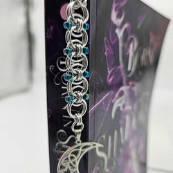 Silver Blue Beaded Helm Bookmark Crescent Moon Charm on Metal Bookmark - view 1