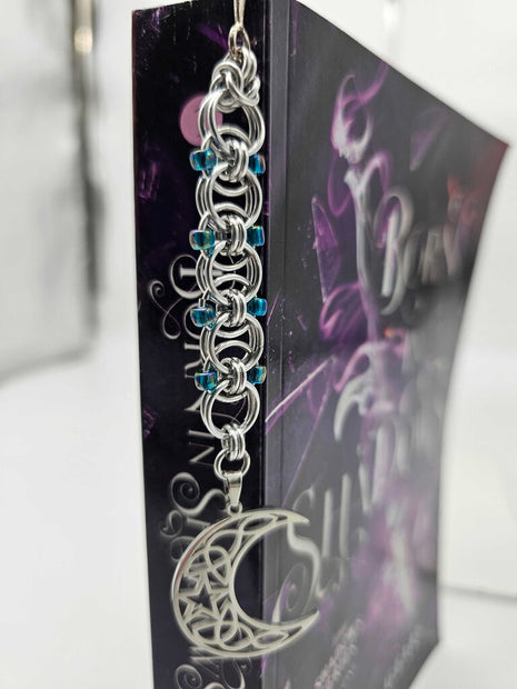 Silver Blue Beaded Helm Bookmark Crescent Moon Charm on Metal Bookmark