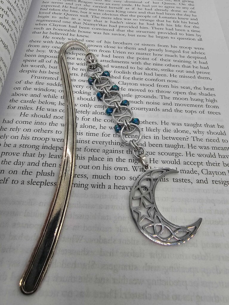 Silver Blue Beaded Helm Bookmark Crescent Moon Charm on Metal Bookmark