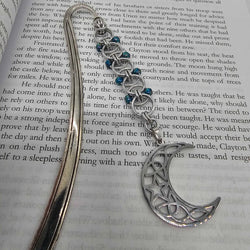 Silver Blue Beaded Helm Bookmark Crescent Moon Charm on Metal Bookmark - view 2
