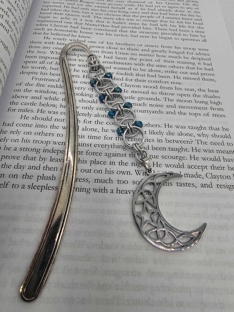 Silver Blue Beaded Helm Bookmark Crescent Moon Charm on Metal Bookmark