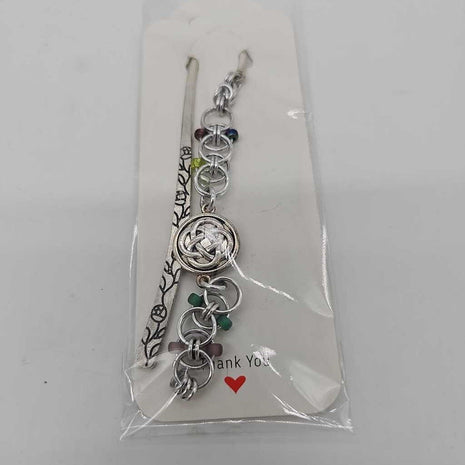 Silver Reds, Greens, Yellows Beaded Helm Bookmark Celtic Charm on Metal Flowers Bookmark