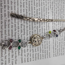 Silver Reds, Greens, Yellows Beaded Helm Bookmark Celtic Charm on Metal Flowers Bookmark - view 1