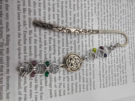 Silver Reds, Greens, Yellows Beaded Helm Bookmark Celtic Charm on Metal Flowers Bookmark