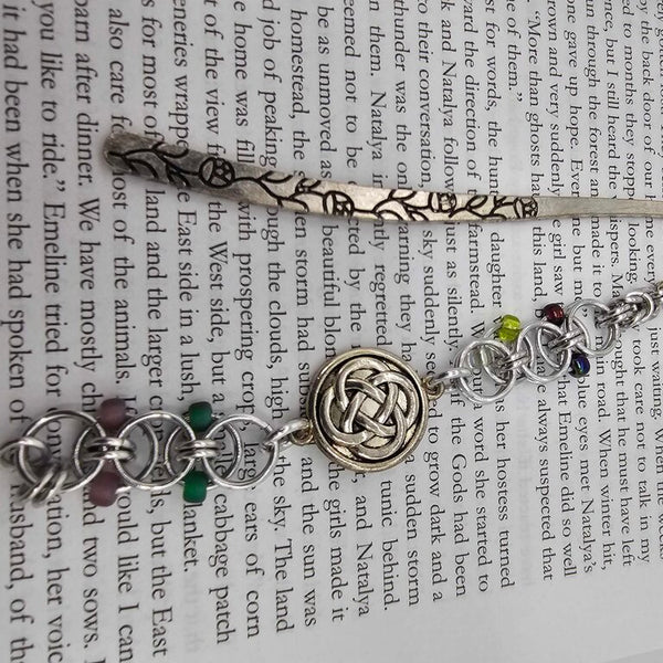 Silver Reds, Greens, Yellows Beaded Helm Bookmark Celtic Charm on Metal Flowers Bookmark