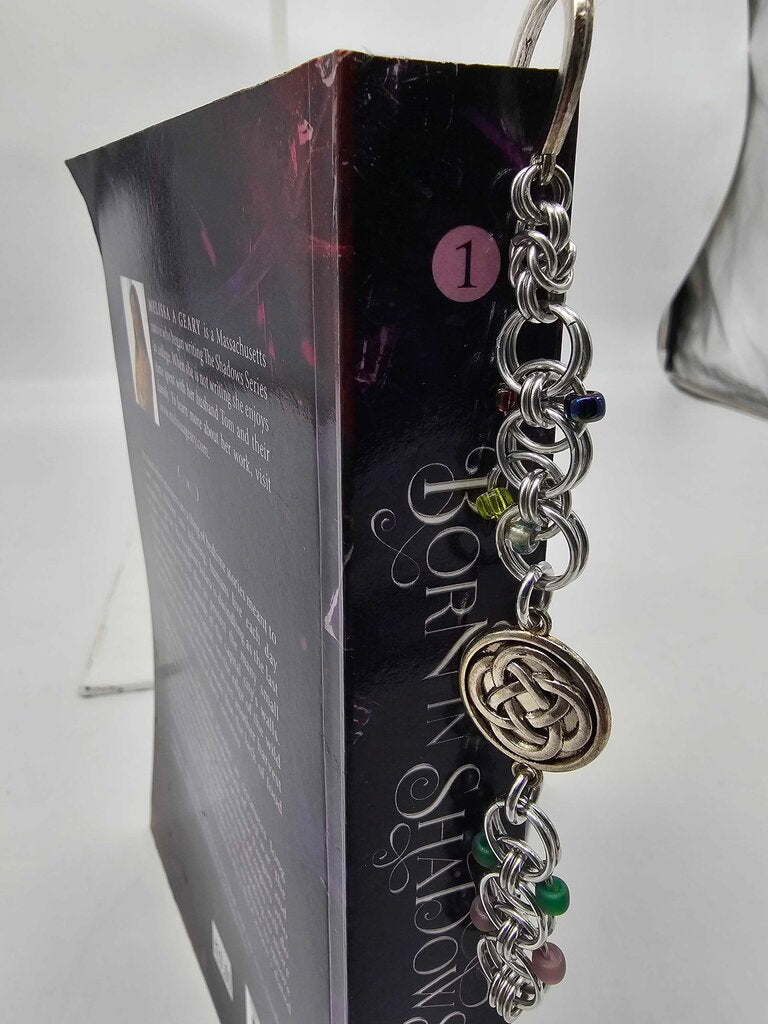 Silver Reds, Greens, Yellows Beaded Helm Bookmark Celtic Charm on Metal Flowers Bookmark