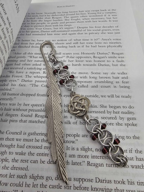 Silver Purples Beaded Helm Bookmark Celtic Knot Charm on Metal Feather Bookmark
