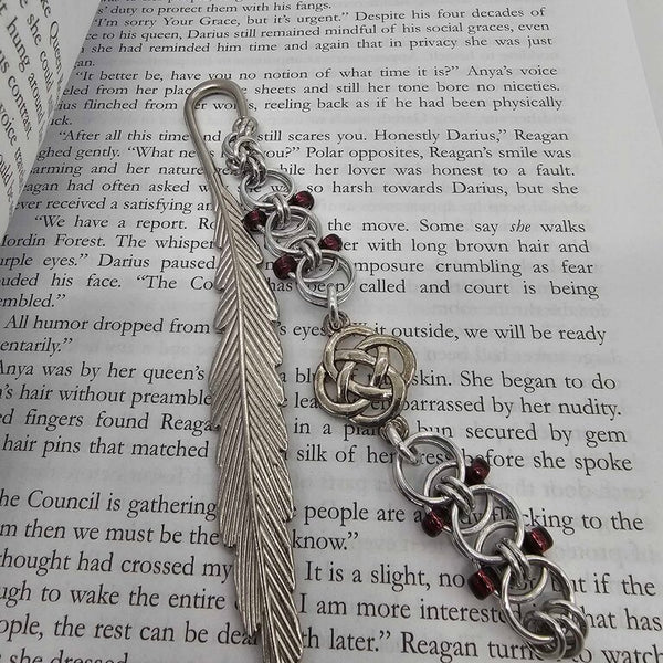 Silver Purples Beaded Helm Bookmark Celtic Knot Charm on Metal Feather Bookmark