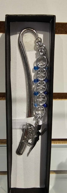 Silver Blue Beaded Helm Bookmark Fairy Charm on Metal Bookmark