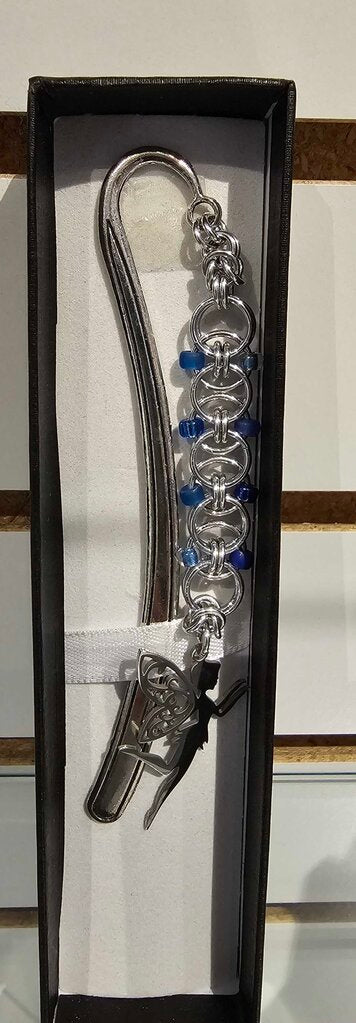 Silver Blue Beaded Helm Bookmark Fairy Charm on Metal Bookmark