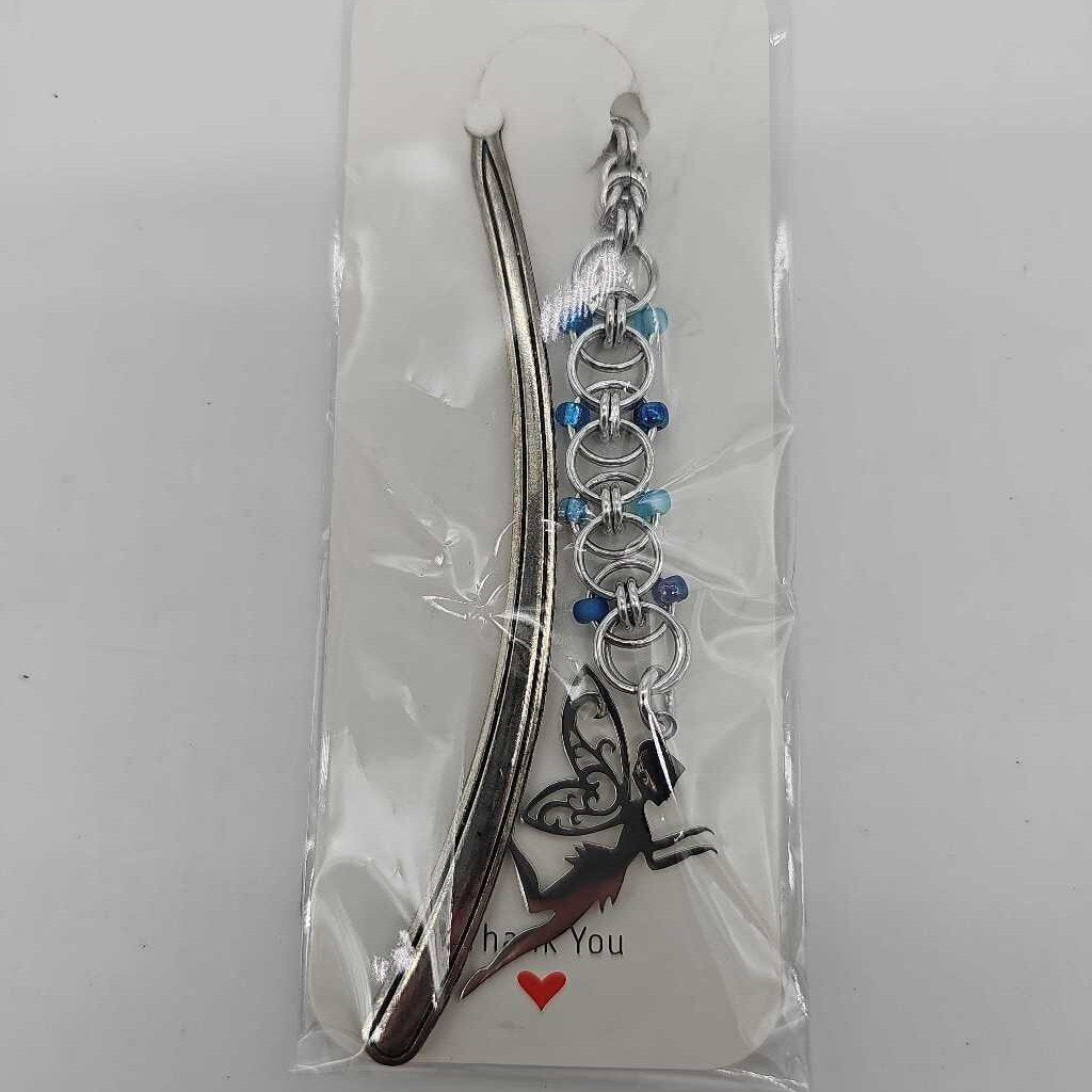 Silver Blue Beaded Helm Bookmark Fairy Charm on Metal Bookmark