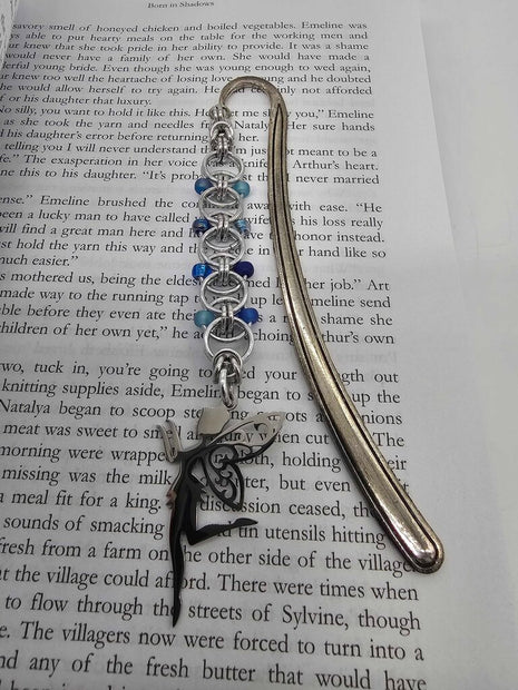 Silver Blue Beaded Helm Bookmark Fairy Charm on Metal Bookmark