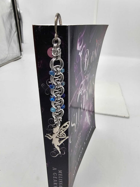 Silver Blue Beaded Helm Bookmark Fairy Charm on Metal Bookmark