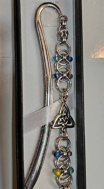 Silver Blue and Yellow Beaded Helm Bookmark Triangle Celtic Charm on Metal Bookmark
