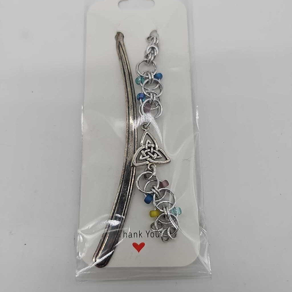 Silver Blue and Yellow Beaded Helm Bookmark Triangle Celtic Charm on Metal Bookmark