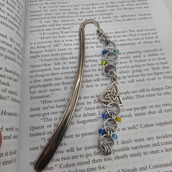 Silver Blue and Yellow Beaded Helm Bookmark Triangle Celtic Charm on Metal Bookmark - view 2