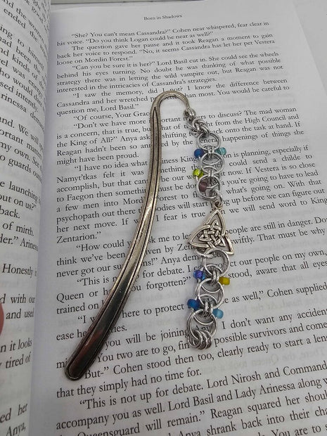 Silver Blue and Yellow Beaded Helm Bookmark Triangle Celtic Charm on Metal Bookmark