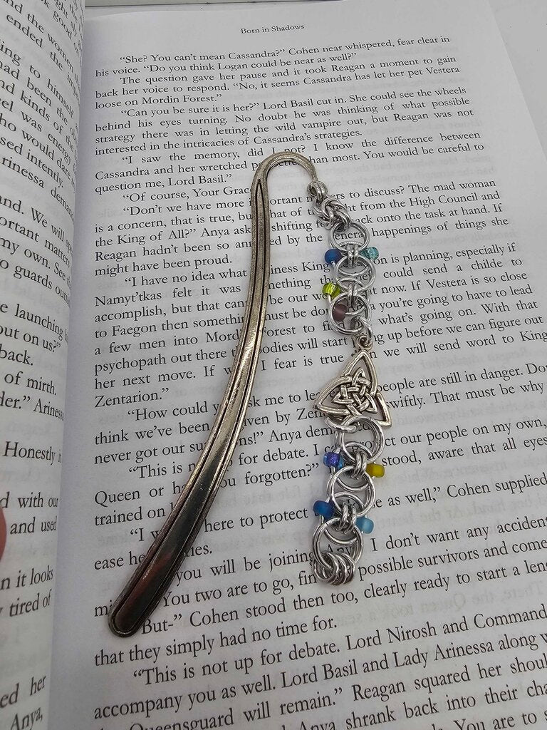 Silver Blue and Yellow Beaded Helm Bookmark Triangle Celtic Charm on Metal Bookmark