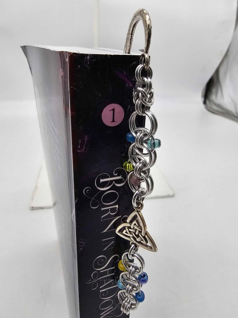 Silver Blue and Yellow Beaded Helm Bookmark Triangle Celtic Charm on Metal Bookmark