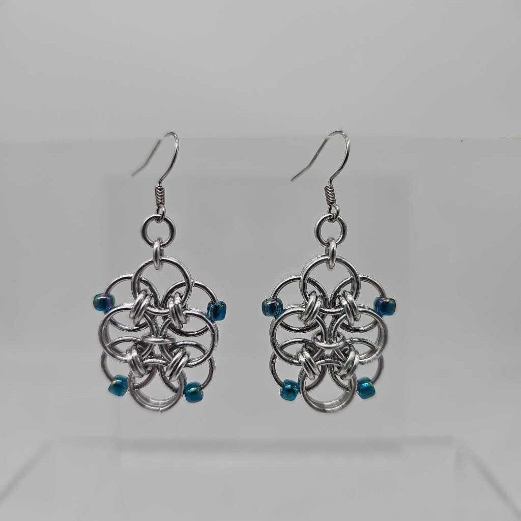 Silver Double Helm Weave Earrings Blue beads
