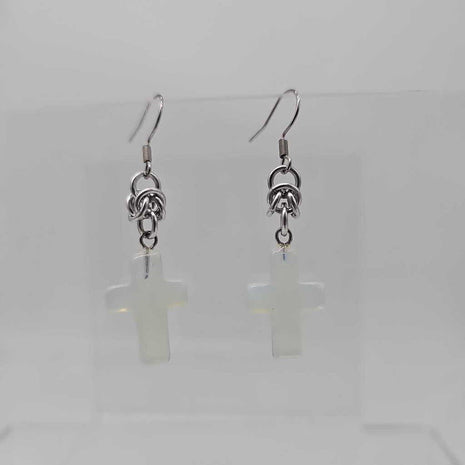 Silver Half Byzantine with Opalite Cross Earrings