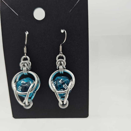Mini D20 Earrings Silver with Translucent Teal