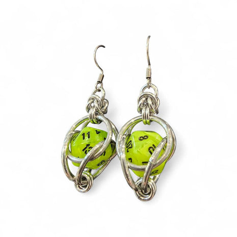 Mini D20 Earrings Silver with Florescent Green
