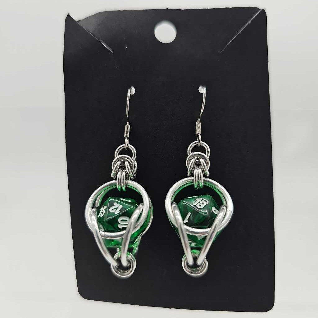 Mini D20 Earrings Silver with Translucent Green D20