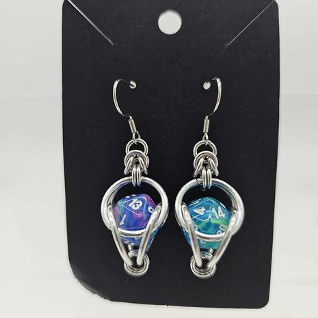 Mini D20 Earrings Silver with Marble Blue Green D20