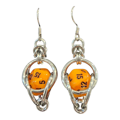Mini D20 Earrings Silver with Marble Orange D20