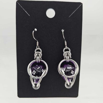 Mini D20 Earrings Silver with Translucent Dark Purple D20